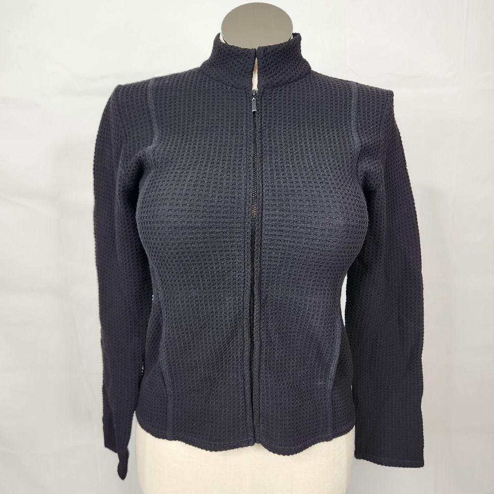Eileen Fisher Waffle Knit Black Stretch Zip Stand Up Collar Jacket Sz XS - Picture 2 of 13